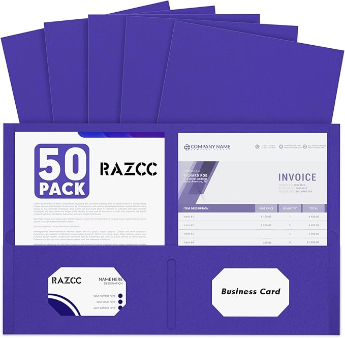 Two Pocket Folders, RAZCC 50 Pack 2 Pocket Folders Fit Letter Size Paper, Paper Folders with Pockets for School Office Business Home, Purple