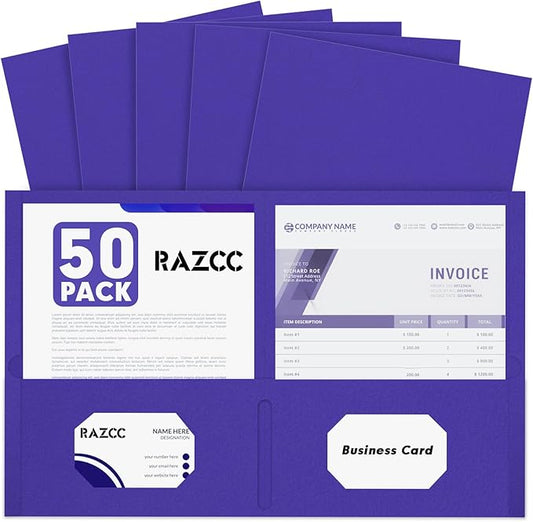 Two Pocket Folders, RAZCC 50 Pack 2 Pocket Folders Fit Letter Size Paper, Paper Folders with Pockets for School Office Business Home, Purple