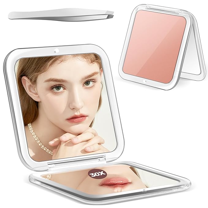 MIYADIVA Compact Mirror, 30X Magnifying Mirror, Pocket Mirror for Purse, Travel Makeup Mirror with 30X/1X Magnification, Travel Essentials Mirror, Precision Tweezers, for Women (Rose Gold)