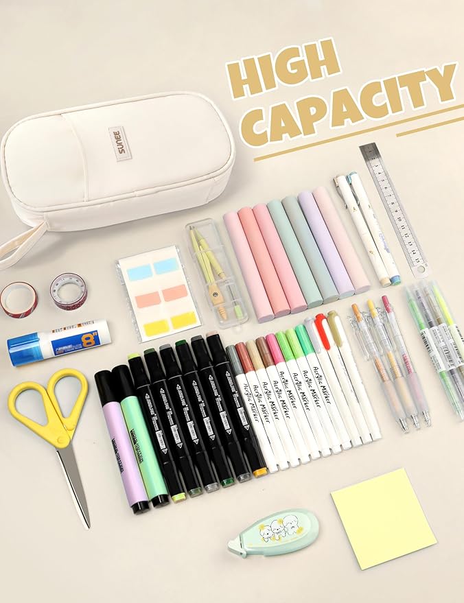 SUNEE Cute Pencil Case, Aesthetic Pen Pouch, Colored Large Pencil Bag with Zipper, Kawaii Stationery Storage and Organizer, School Supplies for Teen and Adult Girls, Beige