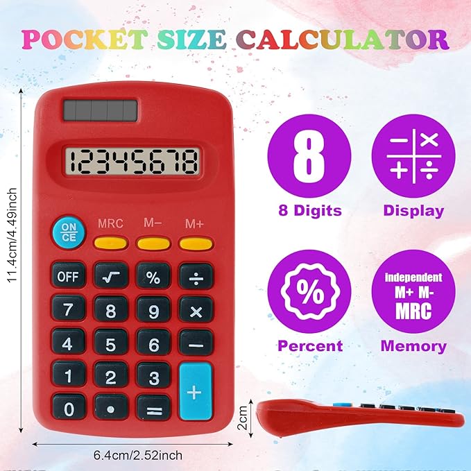 12 Pieces Pocket Calculator,Pocket Size Mini Calculators,8 Digit Display Basic Calculator,Solar Battery Dual Power Desktop Calculators for Students Kids Home Office (Multicolor, 12 Pieces)