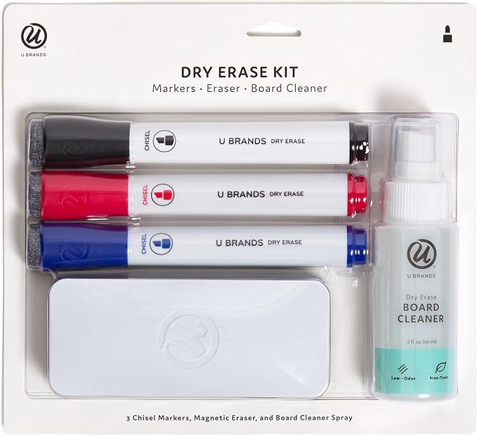 U Brands Fine Tip Dry Erase Markers with Eraser Set of 5, Includes 3 Whiteboard Markers, 1 Eraser, and 1 Board Cleaner Spray