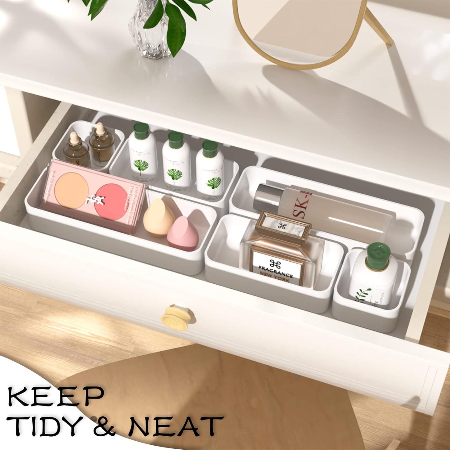 CHANCETSUI 6 PCS Stackable Drawer Organizers Set, Versatile Desk and Vanity Drawer Organizer Trays, Storage Bins for Makeup, Bathroom, Bedroom, Kitchen and Office, White