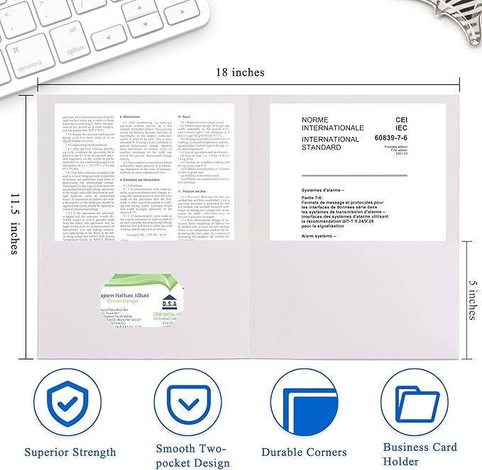 Zzrywuty 50 Packs Two Pocket File Folders with Business Card Slot,Textured Paper,Letter Size,Holds 100 Sheets for School,Office,Business,White