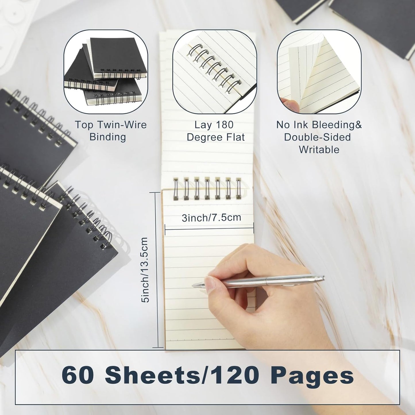 Tenceur 2 Pcs Pocket Notebook Bulk Small 3x5 Inch Spiral Notepads Mini Top Bound Notebook with Lined 120 Pages Ruled Memo Pads for Office College Nurse Essentials Back to School Gift (Black)
