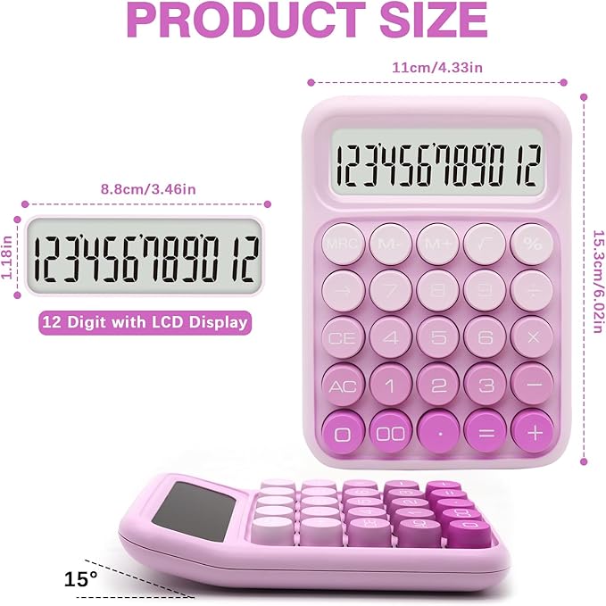 Gradient Pink Calculator, UPIHO Standard Calculator,12 Digit Display and Big Buttons,Pink Office Supplies and Desk Accessories,Cute Office and School Accessory