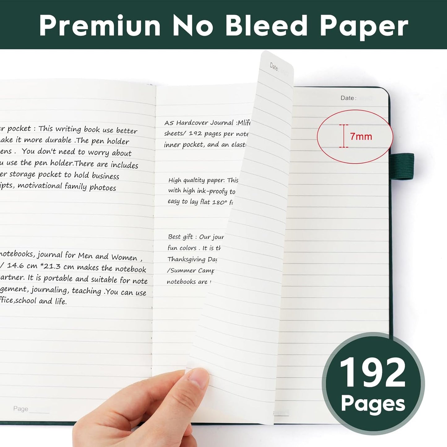 A5 Lined Journal Notebooks for Work, 192 Pages, Medium 5.7 x 8.3inch, College Ruled, Vegan Leather Hardcover Journals for Women Men,1 Pack