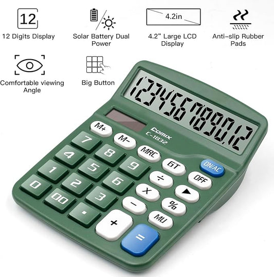Comix Desktop Calculator 12 Digit with Large LCD Display and Big Button, 2-Pack, 12 Digits Baisc Calculator, Solar Battery Dual Powered, for Office Home School Green
