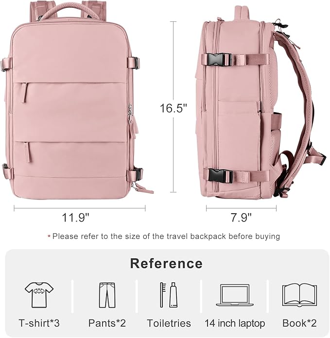 Personal Item Travel Backpack for Women Airline Approved Carry on Backpack Flight Approved Waterproof Sports Luggage Backpack Casual Daypack Small Hiking Backpack Pink Backpack