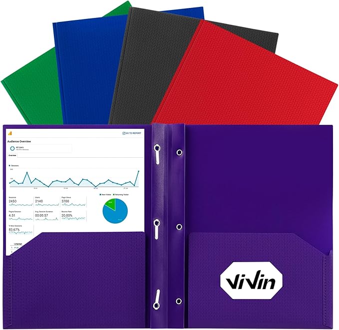 ViVin Sturdy Plastic Folder, 5 Pack, 2 Pocket Folder with Prongs, Holds Letter Size Paper, Poly File Plastic Folders with Fasteners, for School Home and Office - Assorted Color