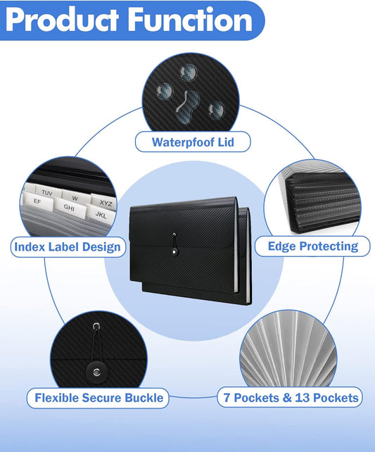 Cesil 2Pcs Expanding File Folders, 13 Pockets File Organizer Accordion File Holder with Elastic Buckles Closure, A4 Paper Document Organizer for Home School Office