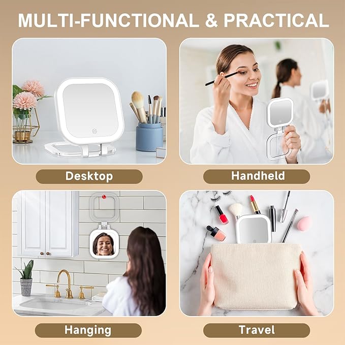 Mocado Compact Travel Makeup Mirror, 1X/10X Magnifying Mirror with Light, Double Sides Compact Mirror with 3 Color Light, Dimmable Handheld Mirror, Rechargeable Travel for Purse,Pocket(White)