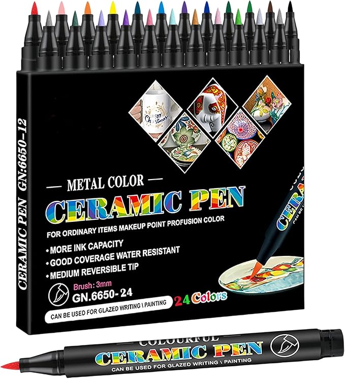 Permanent Marke Ceramics Pens 24 Colors Porcelain Paint Brush Pen for Both Glazed and Unglazed Ceramics Christmas Decoration Wine Markers
