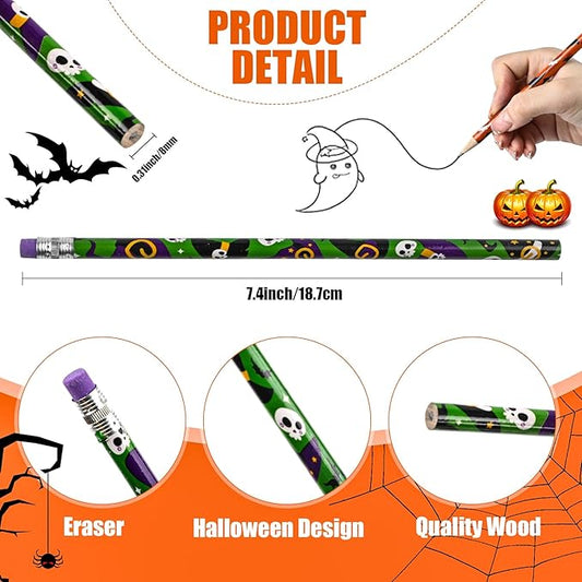 LOMIMOS 120pcs Halloween Pencil Bulk,Colorful Wooden with Eraser 12 Patterns Stationery for Kid Trick or Treat Gift Prize Party Favor School Office Supply Goody Bag Classroom Reward