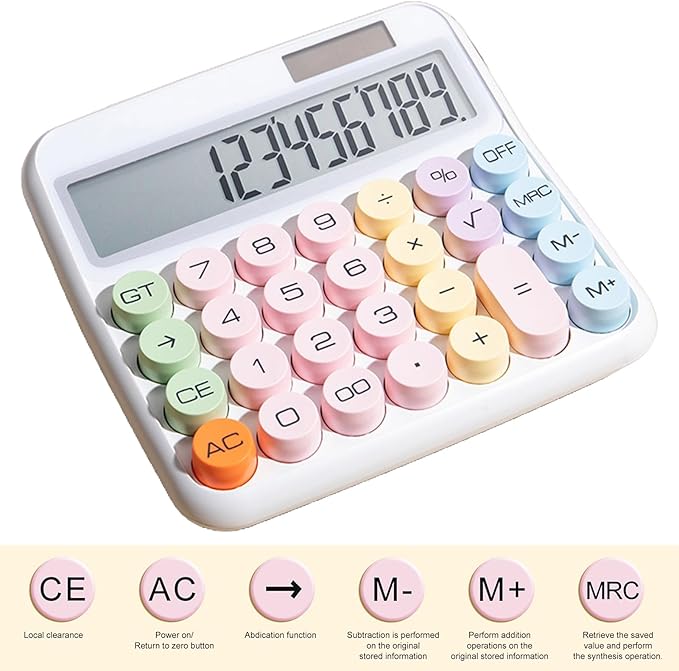 Mechanical Calculator, Cute Calculator for Daily and Basic Office, 12 Digit Display Vintage Typewriter Style Solar Powered Battery Powered White (not inculde Battery)