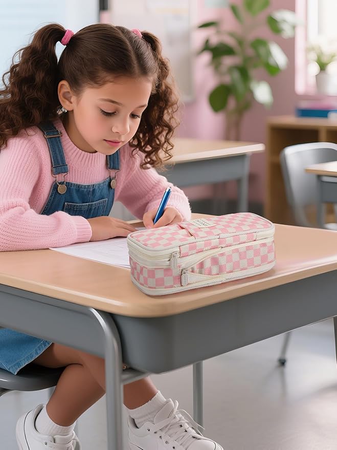 Large Capacity Pencil Case for Teens Girls - Cute Checkerboard Pencil Pouch with Zipper, Stationery Bag Box for Student Back to School Gifts, Pink