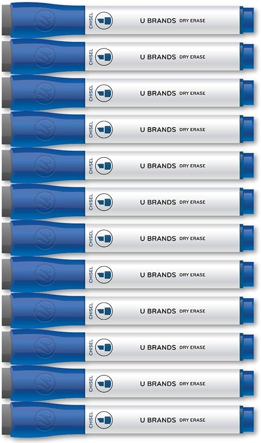 U Brands Fine Tip Dry Erase Markers with Eraser, Whiteboard Markers with Chisel tip, Low Odor, Blue, Set of 12