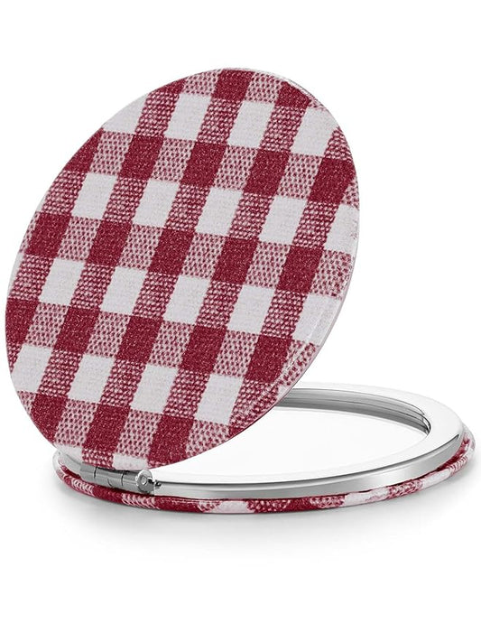 OMIRO 1X/10X Compact Magnifying Mirror, Unique Plaid Pattern Pocket Mirror with Classic PU Leather, Round, Red Plaid