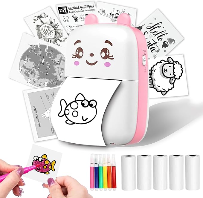 Mini Sticker Printer, Inkless Sticker Printer with 5 Rolls Pape, Bluetooth Smart Pocket Compatible with iOS & Android, Portable Thermal Printer for PicturesRetro-Style Photos(Pink)