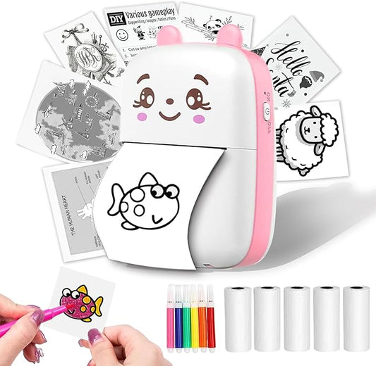 Mini Sticker Printer, Inkless Sticker Printer with 5 Rolls Pape, Bluetooth Smart Pocket Compatible with iOS & Android, Portable Thermal Printer for PicturesRetro-Style Photos(Pink)