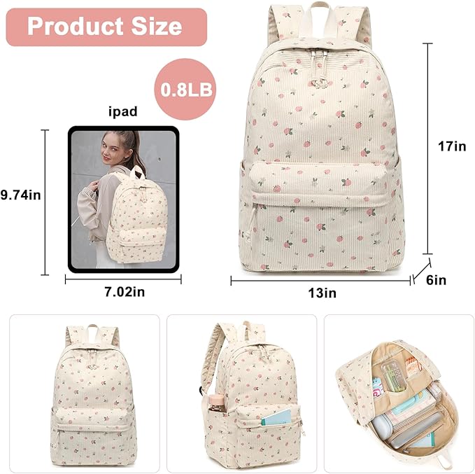 School Backpack for Teens Large Corduroy Bookbag Lightweight 15.6 inch Laptop Bag for Girls Women Casual High School College