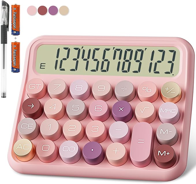 Mechanical Calculator 12 Digit Extra Large 5-Inch LCD Display, DECKLIT Battery Desk Calculator, Big Buttons Easy to Press Use as Office Calculators Desktop, 15°Tilt Screen for Kids Calculator(Rose)