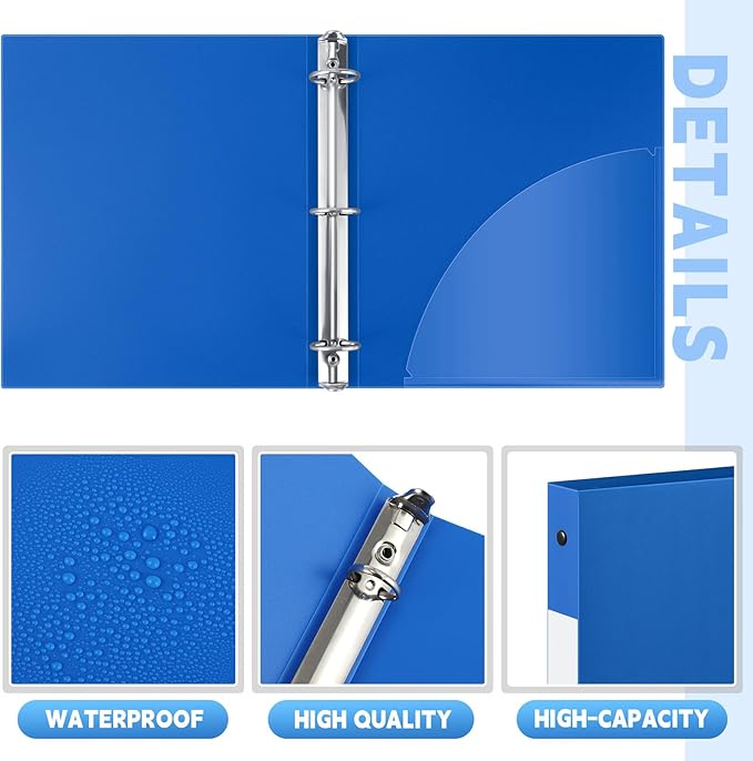Henoyso 16 Pcs 3 Ring Binder 1/2'' Round Fits Letter Size 8. 5'' x 11'' Paper Plastic Flexible Binder Holds 100 Sheets with 1 Pockets Versatile Organizer for Office Home School (Blue)