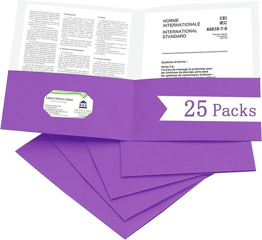 Zzrywuty 25 Packs Paper Folders with Pockets for Students, Businessmen and Office Workers, Letter Size, Two Pocket Folders with Card Slot for Office, Business, School Supplies (Purple)