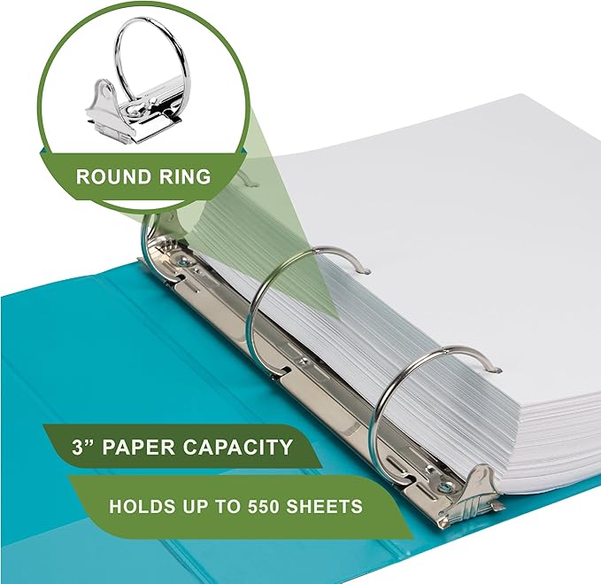 Samsill Plant-Based 3 Inch Durable Round Ring, Made in USA, View Binder, Eco-Friendly, USDA Certified Biobased, Single, Aqua Blue