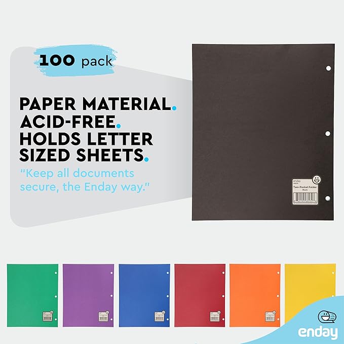 Black Paper Folders with Pockets (100 Pack) - Letter Size Two Pocket Folder Bulk, Premium Quality, Portfolio - by Enday