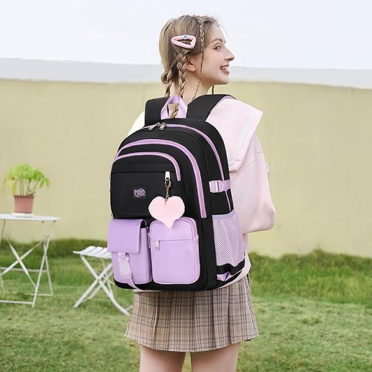 3PCS School Backpack For Student Women College Middle High Teen Girls Bookbag Waterproof Laptop Bag Black Purple