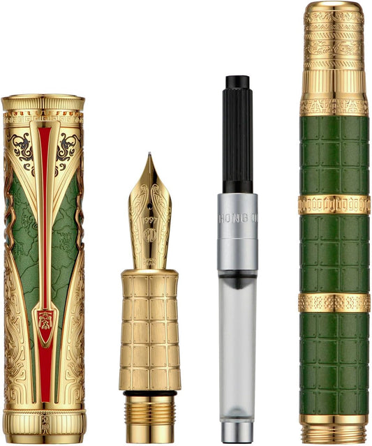 Hongdian D5X Fountain Pen - Green Qin Dynasty Writing Pen with Fine Nib and Converter Set