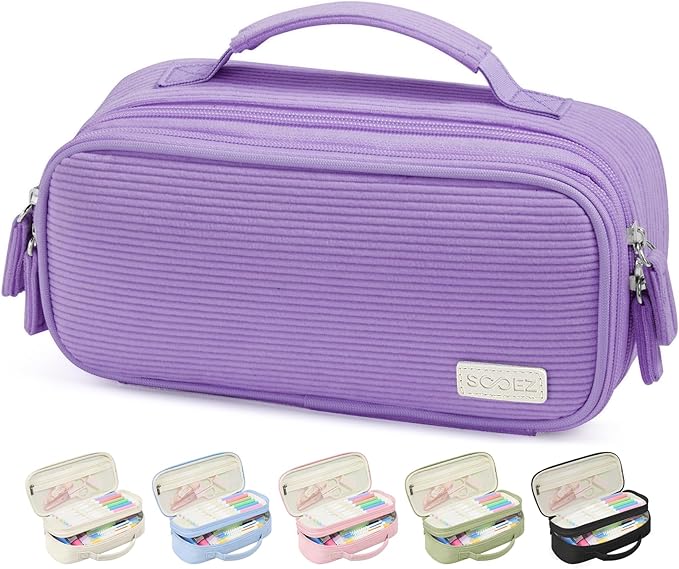 Sooez Large Pencil Case Pouch, Soft Corduroy Pencil Bag with Handle, Cute Pen Case, 5 Compartments, Wide Opening Pen Pouch Organizer with Zipper, Aesthetic School Supplies for Girls Women, Purple