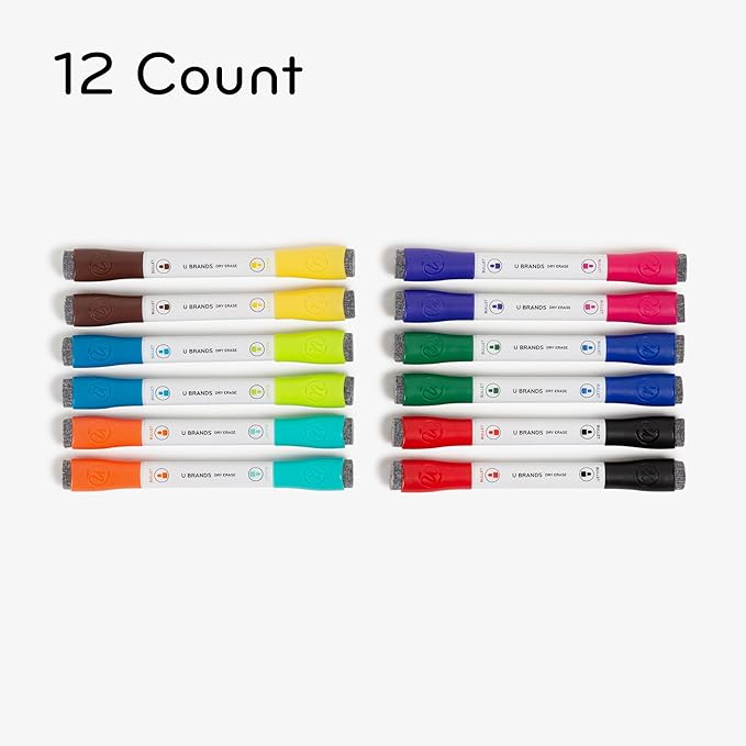 U Brands Fine Tip Dry Erase Markers with Eraser, Magnetic Double-Ended Whiteboard Markers, Low Odor, Assorted Bright Colors, Set of 12