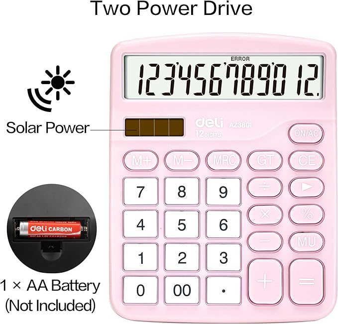 Calculator, Deli Standard Function Desktop Calculators with 12 Digit Large LCD Display and Sensitive Button, Solar Battery Dual Power Office Calculator, Pink