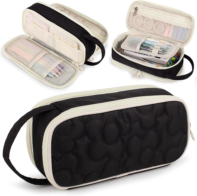 Pencil Case For Girls,Flower Quilted Large Capacity Pencil Pouch With 2 Compartment, Zipper Pencil Bag With Handle, Women Soft Pencil Box For Middle School Office College