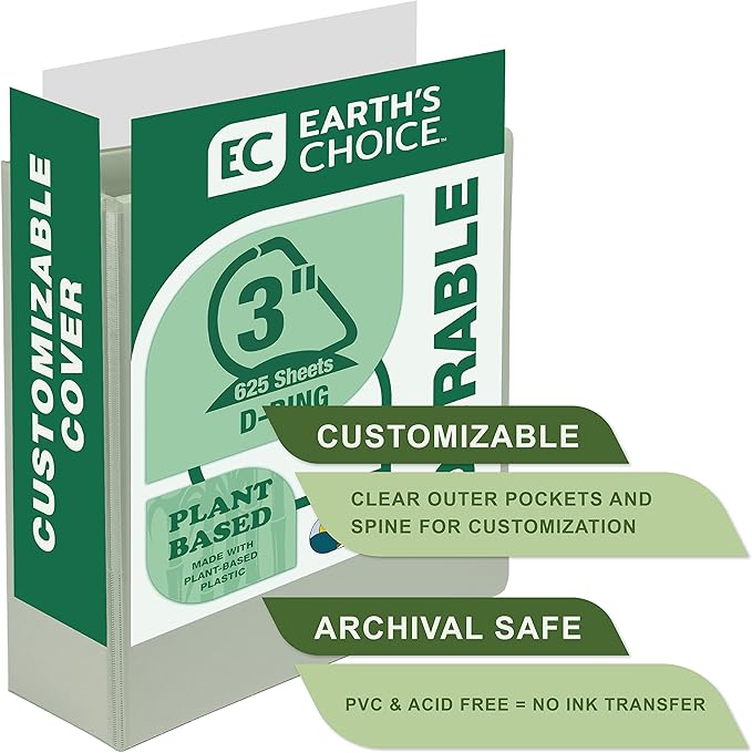 Samsill Plant-Based 3 Inch Durable D-Ring, Made in USA, View Binder, Eco-Friendly, USDA Certified Biobased, 2 Pack, Sage Green