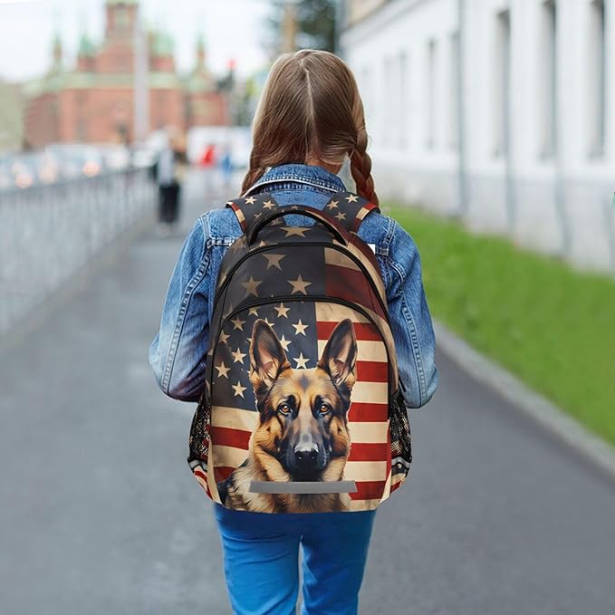 Dog German Shepherd Backpack for Boys Girls American Flag Elementary School Bag Kids Bookbag Travel Rucksack