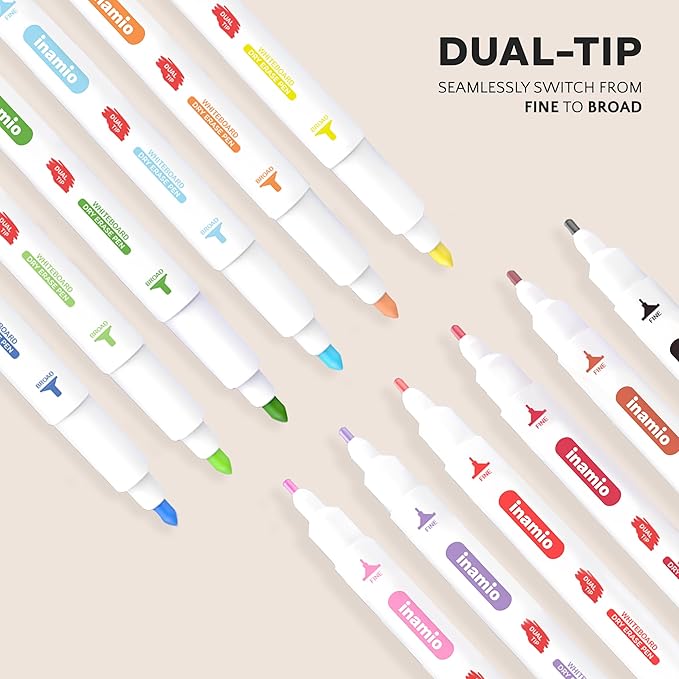 Dry Erase Markers for Whiteboard – Ultra Fine Tip White Board Markers – Dual Tip, Pastel Colors - Fine Point Erasable Markers - 12 Set