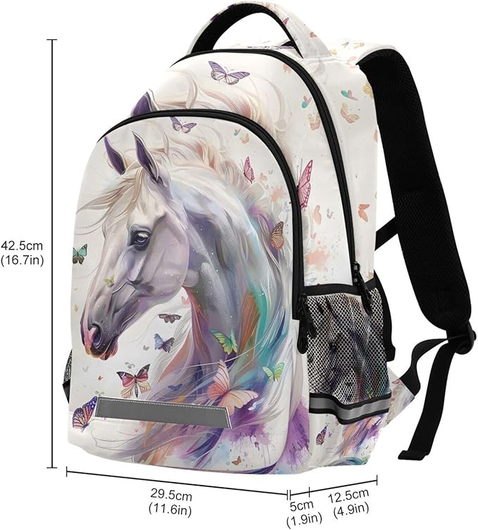 White Horse Butterfly Backpack for Girls Boys Elementary School Bag Kids Bookbag Travel Rucksack