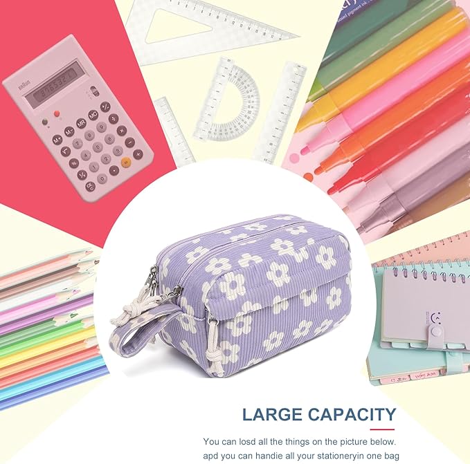 Bluboon Big Capacity Pencil Case Pencil Pouch Pen Case School Supplies Cute Pencil Box Pencil Bag for Teen Girls Boys Women Man (Beige Flower Purple)