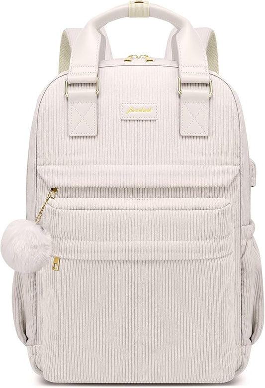 School Backpack for Girls Laptop Bookbag: Casual Corduroy Women Backpacks with USB Charging Port TSA Friendly Travel Back Pack with Anti-Theft Pockets Cute College Daypack for Teen Students Lady Beige