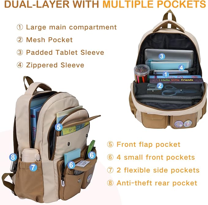 VASCHY Backpack for Girls, Cute School Bag Bookbag for Elementary Middle Schooler Teen Girls/Kids Travel with Clear Pin Pouch Khaki