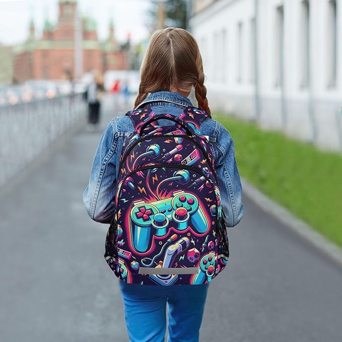 Bright Video Game Joystick Backpack for Boys Girls Elementary School Bag Kids Bookbag Travel Rucksack
