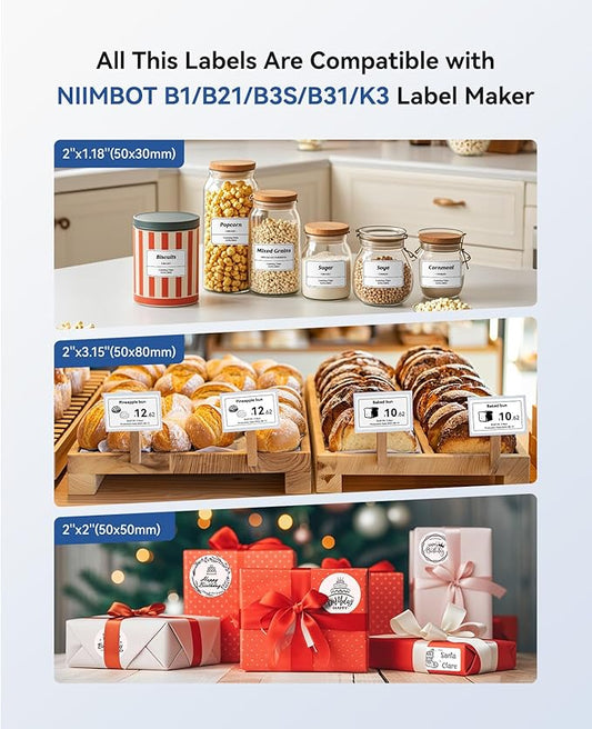 NIIMBOT B1 Label Maker Machine with Tape, Label Printer with 3 Rolls Stickers, 50x30mm/50x80mm White Label /50x50 Round Paper for Office Supplies, Home, Business