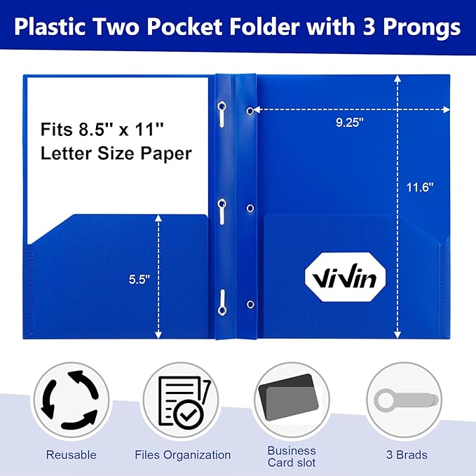 ViVin Sturdy Plastic Folder, 10 Pack, 2 Pocket Folder with Prongs, Holds Letter Size Paper, Poly File Plastic Folders with Pockets and Brads, for Teachers Students and Officer - Blue