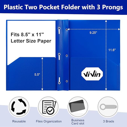 ViVin Sturdy Plastic Folder, 10 Pack, 2 Pocket Folder with Prongs, Holds Letter Size Paper, Poly File Plastic Folders with Pockets and Brads, for Teachers Students and Officer - Blue