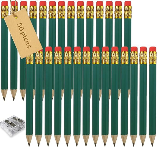 Adhere 50pcs Golf Pencils with Eraser Hexagon Wooden half Pencils Graphite 2B for Golf Event Scoring, Classroom, Wedding, Pew, Pocket | Free Pencil Sharpener (Green・Hexagon・50pcs)