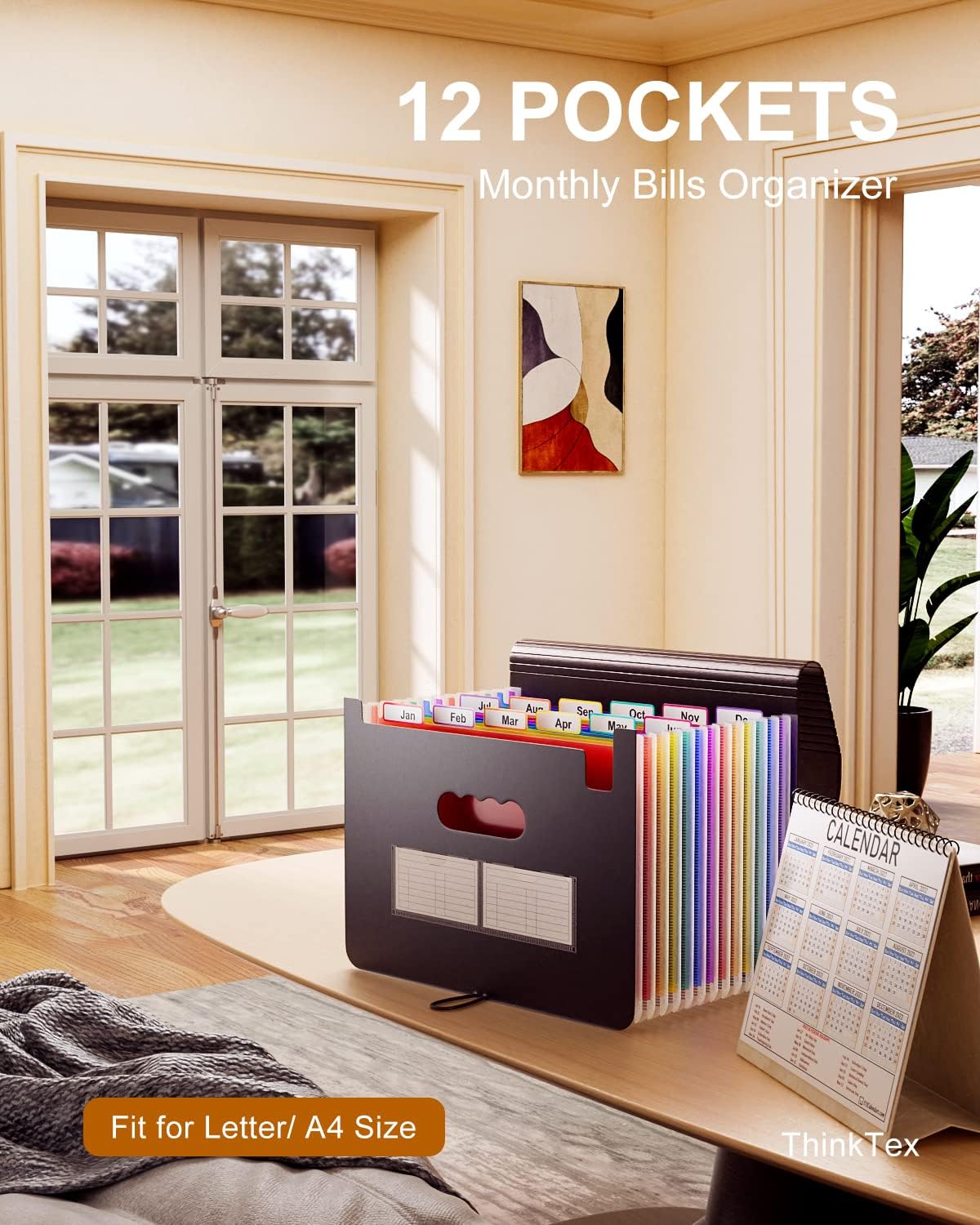 ThinkTex Expanding File Folder 12 Pockets Accordion File Organizer/Portable Expandable Plastic Filing Box, Accordion Bill/Paper/Document/Receipt Organizer Folders with Colored Tabs(A4/Letter Size)