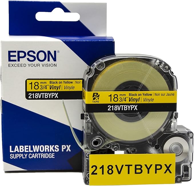 Epson LABELWORKS 218VTBYPX Genuine Tape Cartridge - Black on Yellow Flexible and Durable Vinyl Industrial Label Maker Tape - 3/4" (18MM) Wide, 22.9 ft
